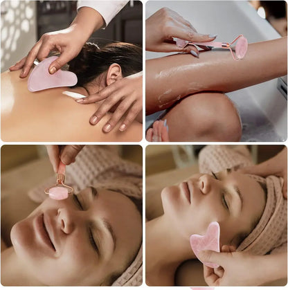 BrightaSkin™ Rose Quartz Glow Roller & Claw Gua Sha Set